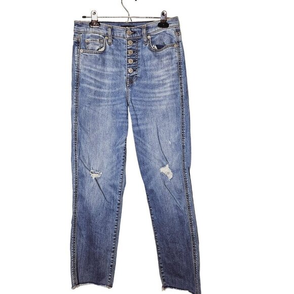 7 For All Mankind High Waist Cropped Straight Jeans - Button Fly Distressed Deni - Picture 1 of 12